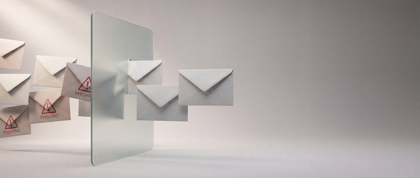Advanced phishing detection concept with barrier separating safe and malicious envelopes in panoramic layout