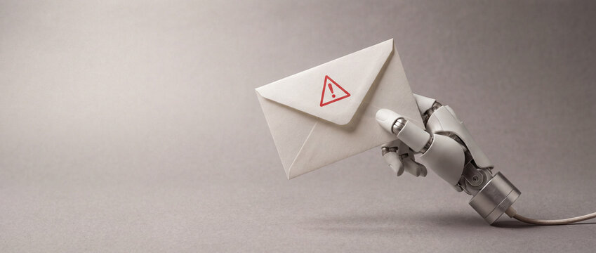 AI-driven phishing concept with robotic hand and warning envelope emerging from corner
