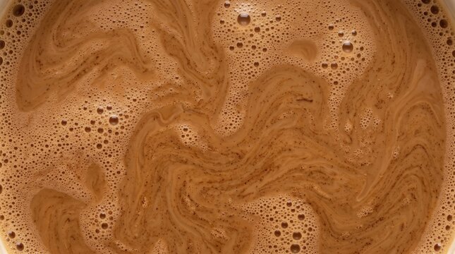 Swirling patterns of creamy brown liquid with a frothy surface and small bubbles, suggesting a warm beverage like coffee or hot chocolate