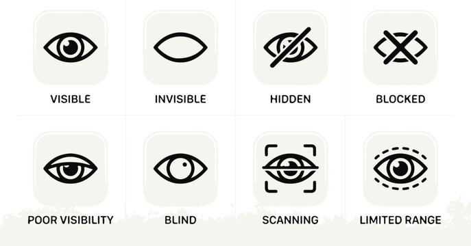 Set of eight eye visibility status icons with different states
