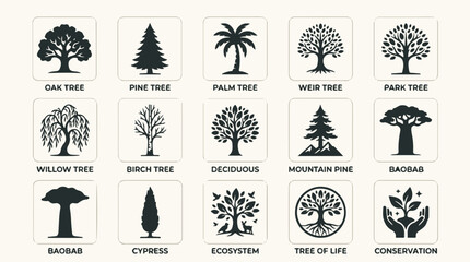 Black and white tree icons set featuring oak, pine, palm, and more in vector style © Sadman Art