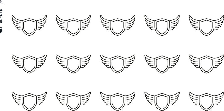 Winged Shield Badge and Crest Outline Collection with Various Wing and Frame Style Heraldic Emblem Vector Set