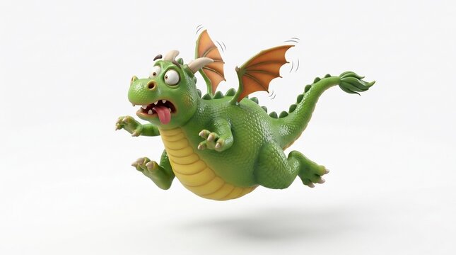 Funny Green Dragon Flying with Tongue Out on White Background.
