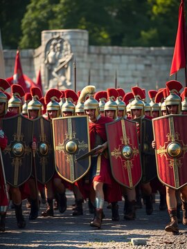 Roman legionary marching formation, marching with shields locked,  troop, roman soldier