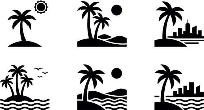 Set of tropical palm tree icons with beach, sun, ocean waves and city skyline