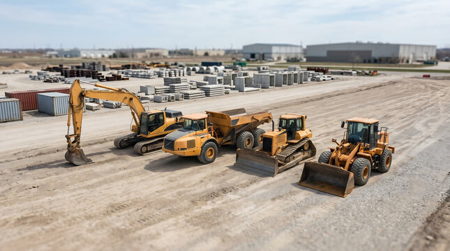 Heavy machinery operates on a construction site with excavator, bulldozer, and loaders.