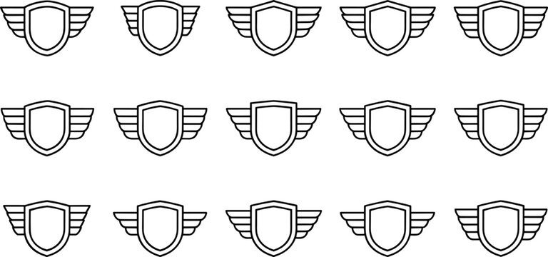 Winged Shield Badge and Crest Outline Collection with Various Wing and Frame Style Heraldic Emblem Vector Set