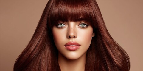 Fototapeta premium Studio portrait of a young woman with long, dark red, straight hair and bangs