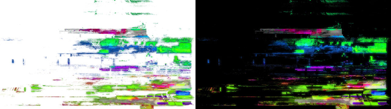 Green and magenta pixelated distortion chunks for design isolated on transparent background