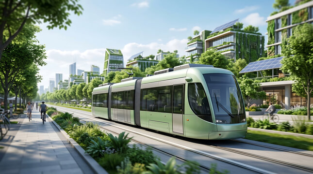 A modern green tram travels along a city street lined with trees and buildings.