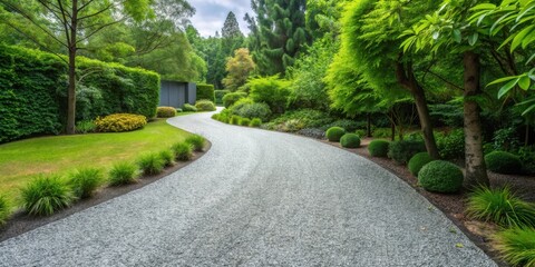 Obraz premium Serene Gravel Path Winding Through Lush Greenery, Adorned with Ornamental Shrubs and Trees, Leading to a Modern Structure