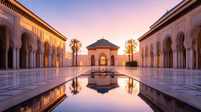 A serene courtyard at sunset reflecting warm hues, with elegant architecture and palm trees