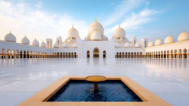 A stunning architectural marvel featuring grand white domes and tranquil reflective water