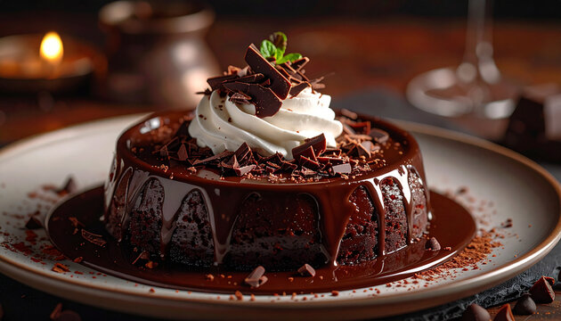 Delicious slice of chocolate cake on a plate with cream and a fork ready to enjoy