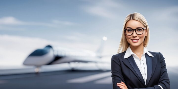 Confident businesswoman in glasses with arms crossed in front of a private jet