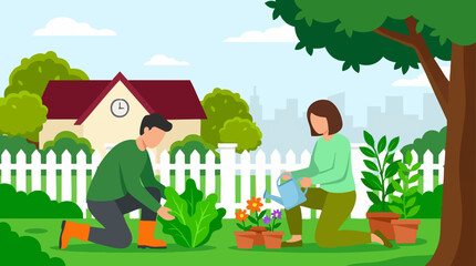 Fototapeta premium Couple gardening in backyard, planting and watering flowers and plants