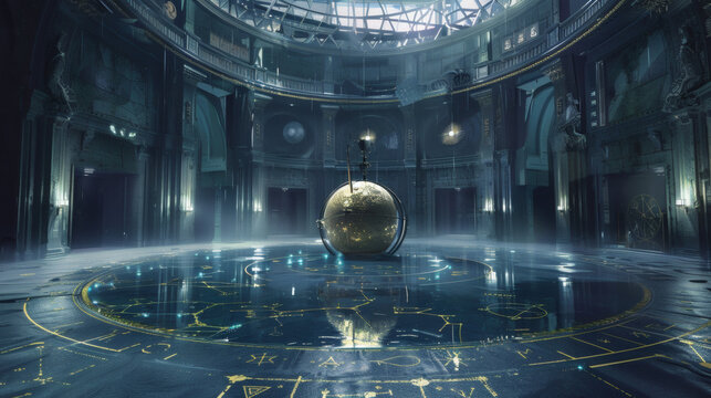 Massive golden armillary sphere and engraved star charts in a submerged ancient observatory