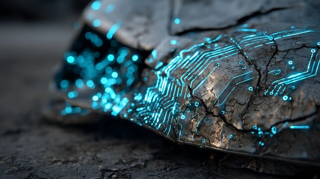 Futuristic cracked stone surface integrated with glowing blue electronic circuit board patterns representing advanced technology merging with ancient organic textures in digital concept