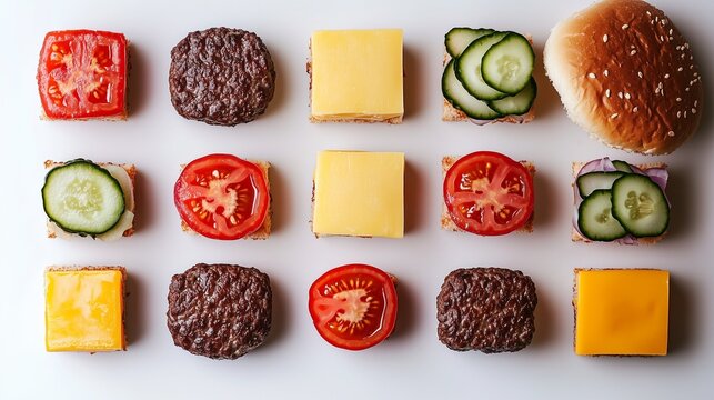 Deconstructed burger ingredients arranged in a grid pattern on a white background, flat lay
