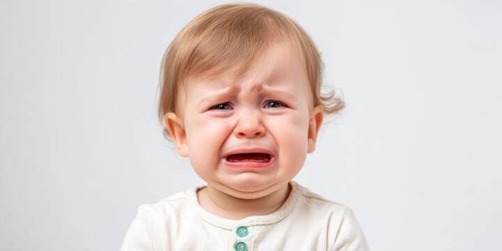 Close-up of a distressed baby's face with tears welling up in its eyes