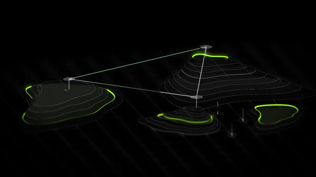 Atmospheric dark landscape of multiple glowing green data peaks on a digital grid representing diverse market sectors and integrated business intelligence