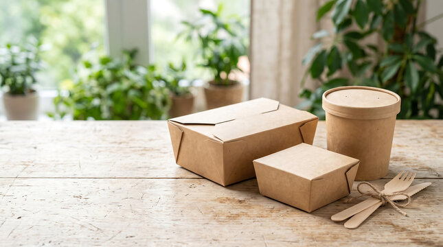 Eco friendly minimal packaging mockup on a wooden table with plants