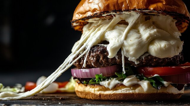 Gourmet beef burger with melting oozing mozzarella cheese pulling away

