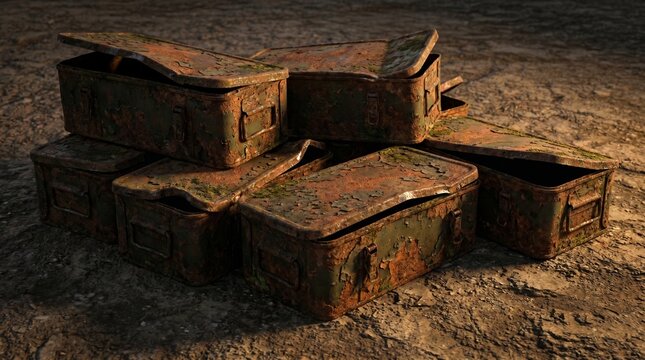 Pile of rusted military ammo boxes open and abandoned on dry earth, vintage war equipment and ammunition crates reflecting conflict aftermath and decay