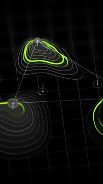Topographic map data visualization with glowing green contour lines on a black 3D grid representing digital terrain and geographic information systems technology