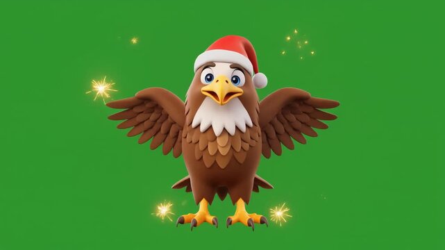 Cute 3D eagle in Santa hat flapping wings on green screen