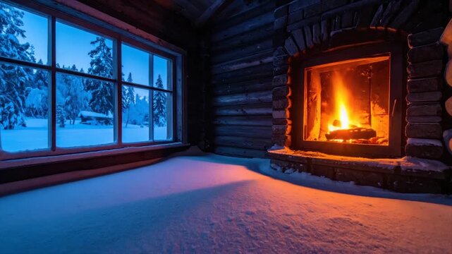Cozy cabin interior features a fireplace's warm glow and a window view of a snowy forest
