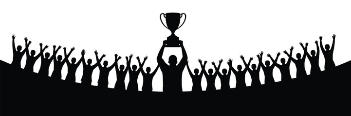 Silhouette of a champion holding a trophy cup high above a cheering crowd of sports fans for victory celebration. © AMELIA