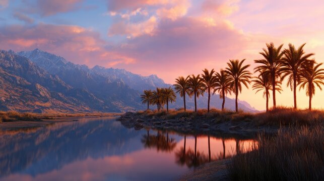 A serene landscape featuring palm trees beside a calm river, under a vibrant sunset sky