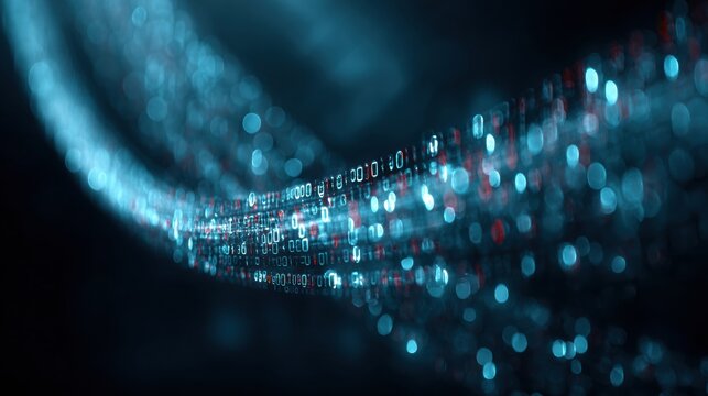 Glowing binary code stream with blue bokeh particles forming abstract digital data wave background