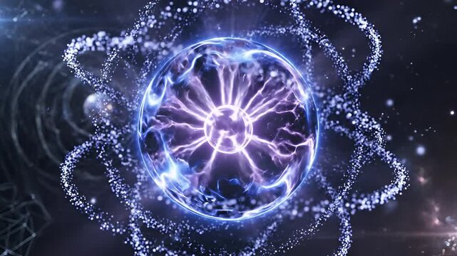 Abstract glowing atom nucleus with orbiting electrons in deep space.