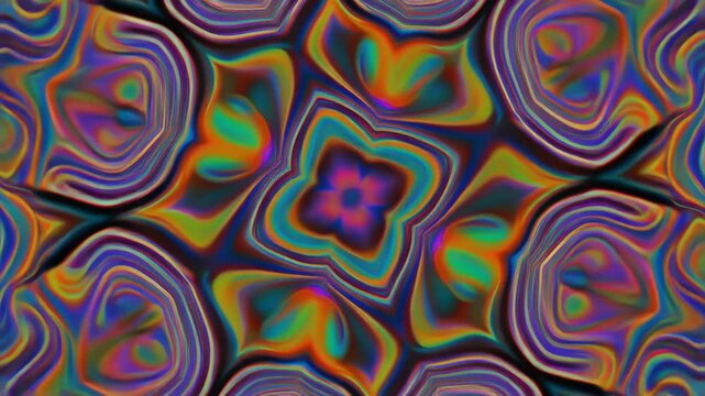 Psychedelic Abstract Kaleidoscopic Pattern with Vibrant Colors and Swirling Designs.
