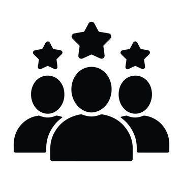 Black and white icon of three people with three stars above them on white background