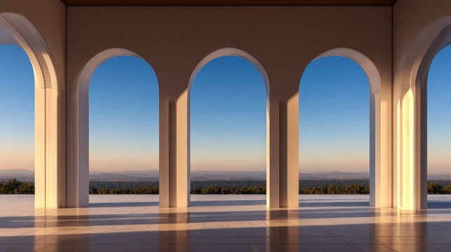 A serene architectural scene showcasing multiple arches with a scenic landscape backdrop at dusk