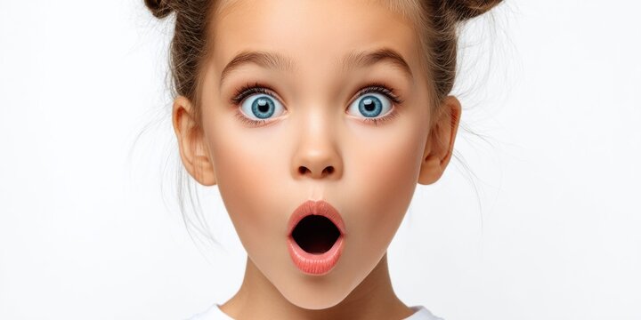 Young girl with wide eyes and open mouth expressing surprise and shock