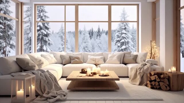 Cozy winter living room with large window showcasing a snowy forest scene. Candles and blankets