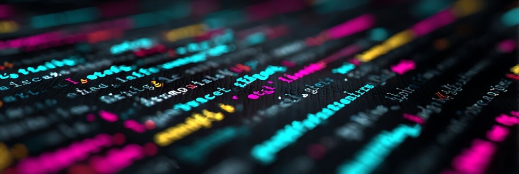Software programming code with colorful syntax highlighting on dark screen representing web development and cybersecurity in modern digital technology and data science environment