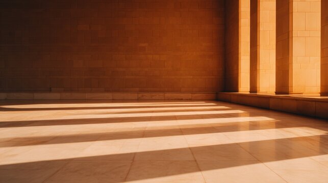 Warm sunlight casts long shadows across the polished marble floor of a grand architectural space
