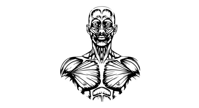 Detailed anatomical illustration of the upper torso showing ribcage, pectoral muscles, and shoulder girdle in line art style.