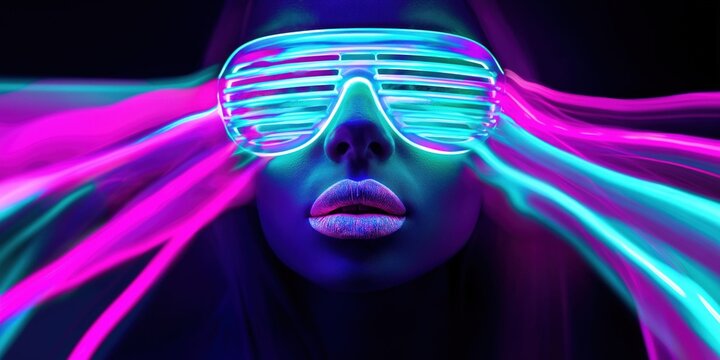 Close-up of a person wearing neon shutter glasses with vibrant pink and blue light streaks