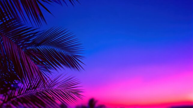 A vibrant sunset blending blue and purple hues, framed by tropical palm leaves in silhouette