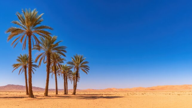 A serene desert landscape showcasing tall palm trees against a clear blue sky