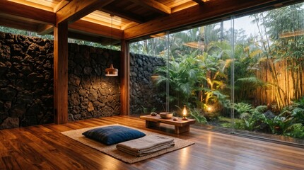Fototapeta premium A serene, modern meditation room with warm wooden interiors and large glass windows looking out onto a lush, rainy tropical garden