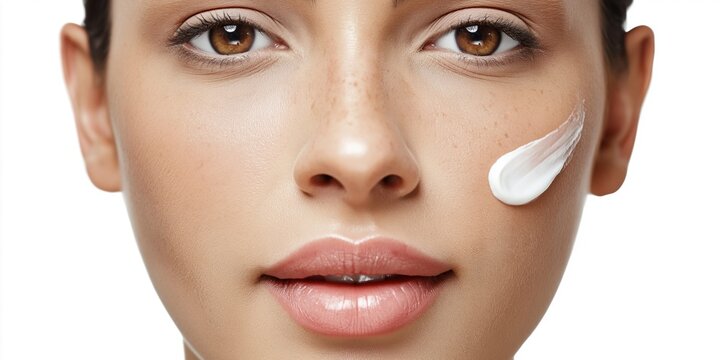 Close-up of a beautiful woman's face with clean, fresh skin and a dab of cream
