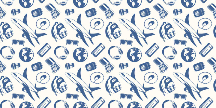 Travel pattern with airplane, luggage, globe, and ticket. Concept for tourism, adventure, vacation. Seamless illustration for wallpaper, textile in flat style.