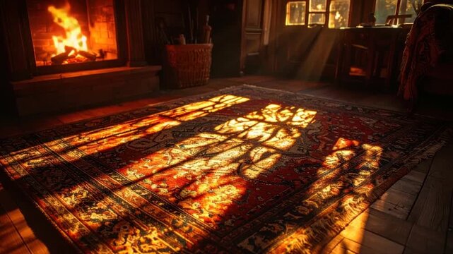 Warm interior features fireplace, sunlit patterned rug, wooden floors, and basket with art supplies